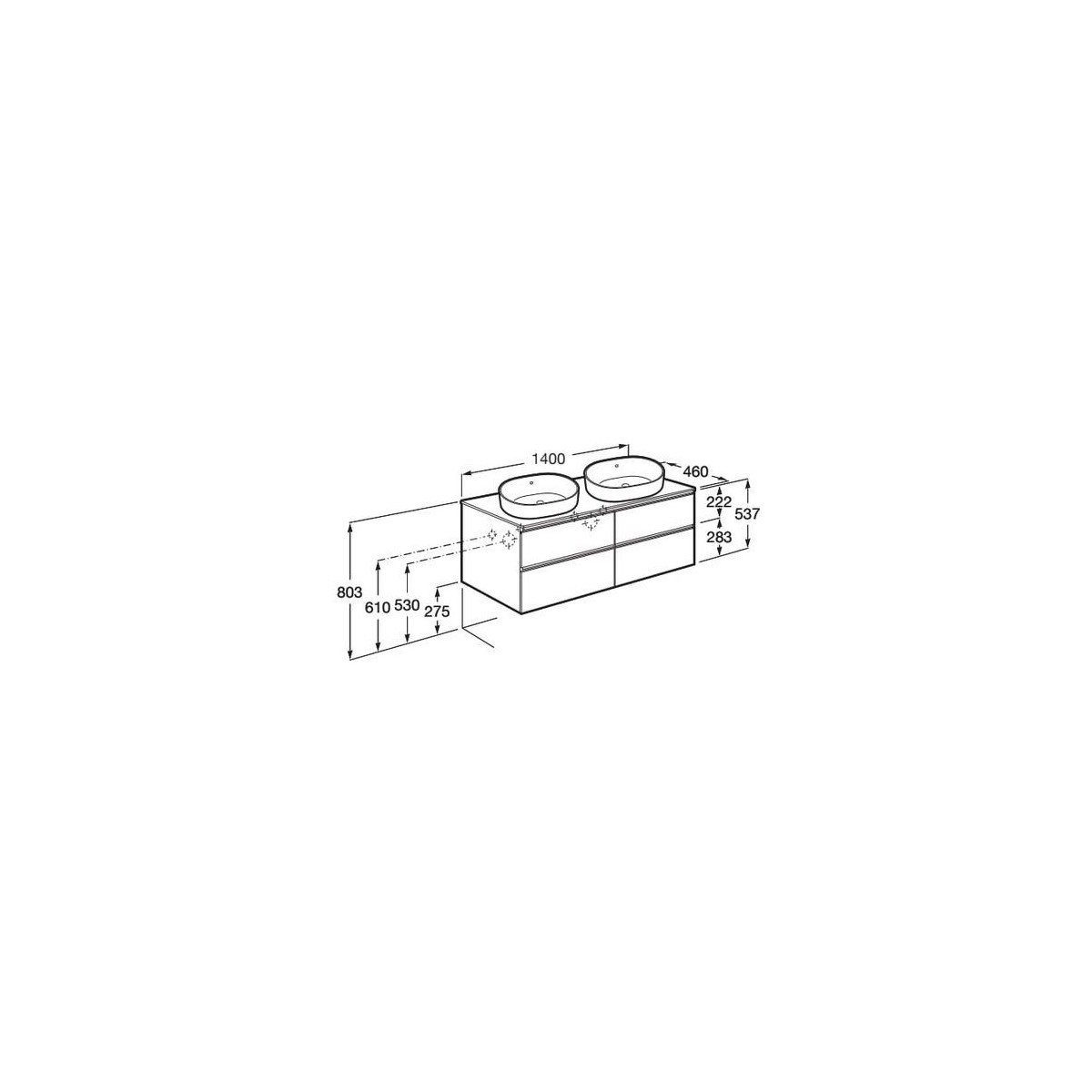 The gap meuble 4 tiroirs pour 2 vasq (meuble+plan) 1400 mm frêne nordic - ROCA A851961434 