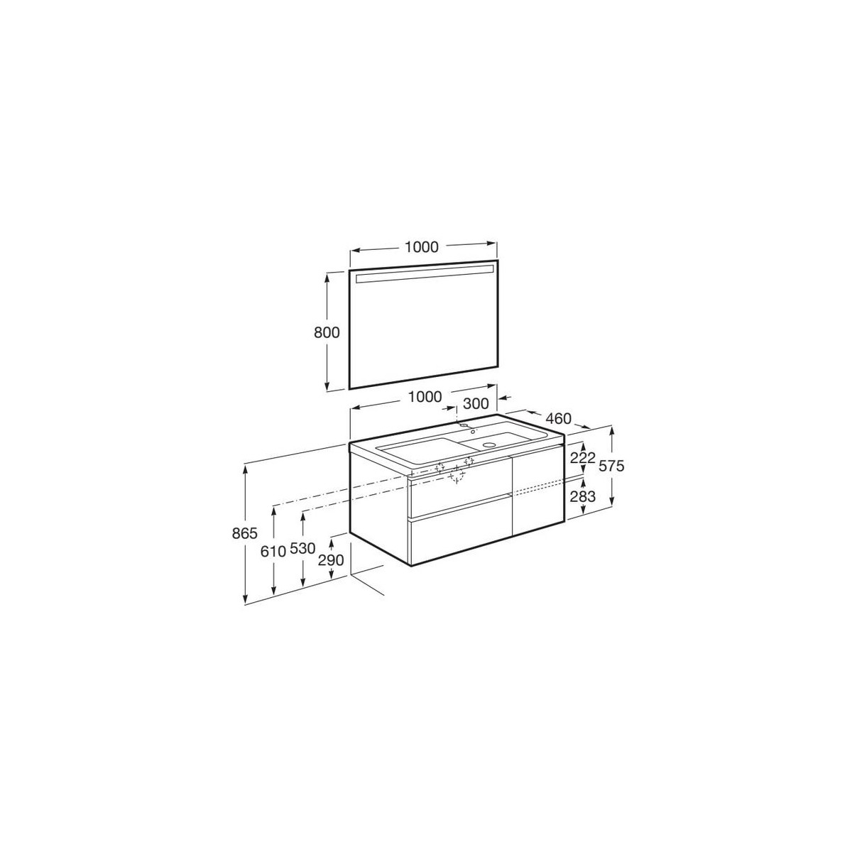 The gap unik 2 tiroirs lavabo asym gche 1000 mm city oak/poignées nickel mat - ROCA A851966402 