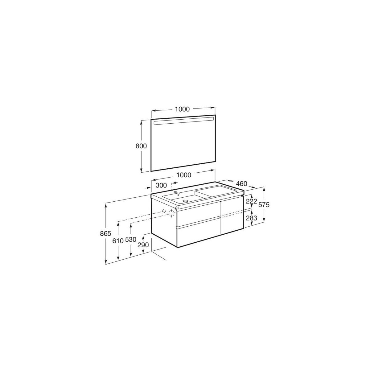The gap unik 2t+1p lavabo mural asym gche 1000 mm city oak/poignées nickel mat - ROCA A851968402 