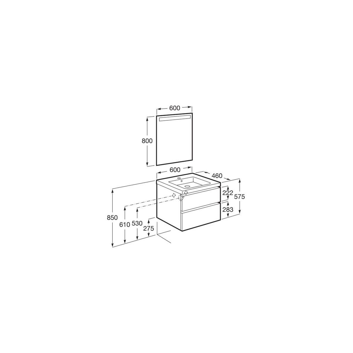 The gap pack 2t lavabo mural (unik+miroir) 600mm blanc mat/poignées noires - ROCA A851974509 