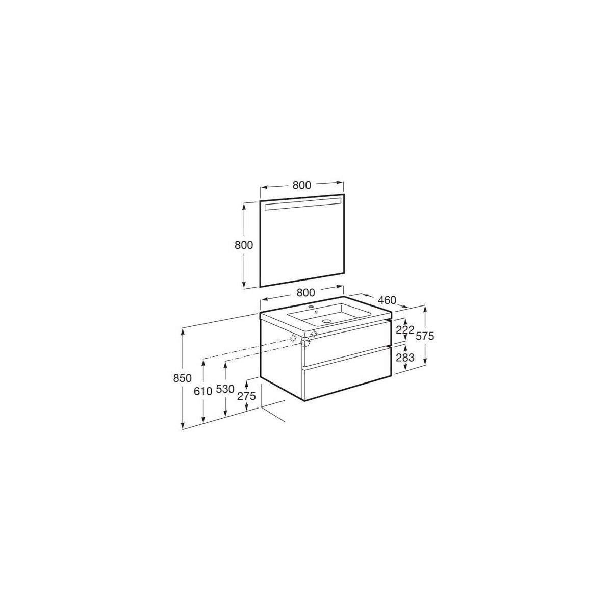 The gap pack 2 tiroirs lavabo mural (unik+miroir) 800mm noyer/poignées noires - ROCA A851975517 