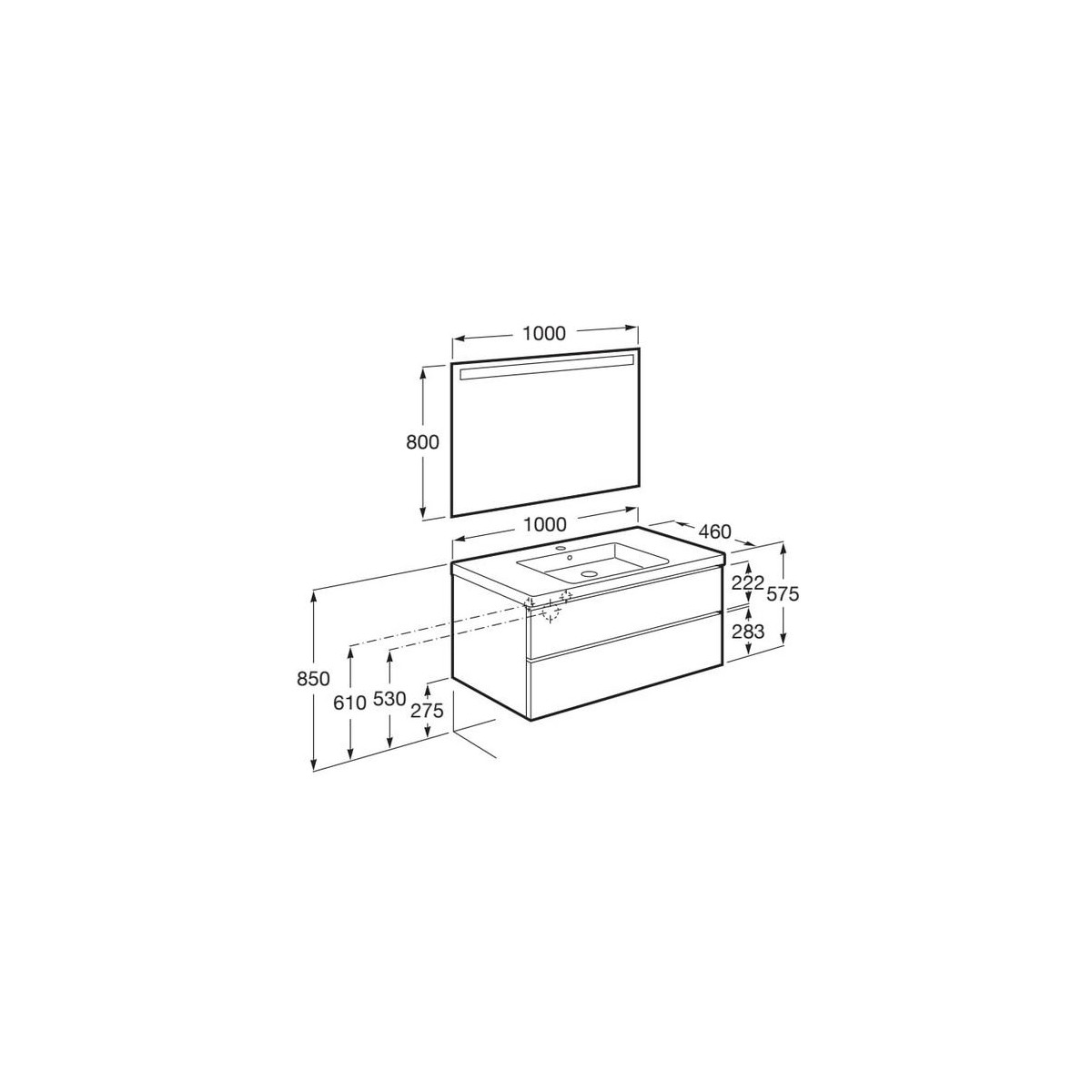 The gap pack 2t lavabo mural centré 1000mm gris moyen mat/poignées noires - ROCA A851976547 