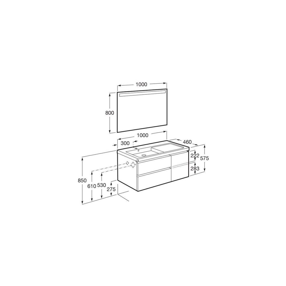 The gap pack 2t + 1p lavabo mural gauche 1000mm gris moyen mat/poignées noires - ROCA A851979547 