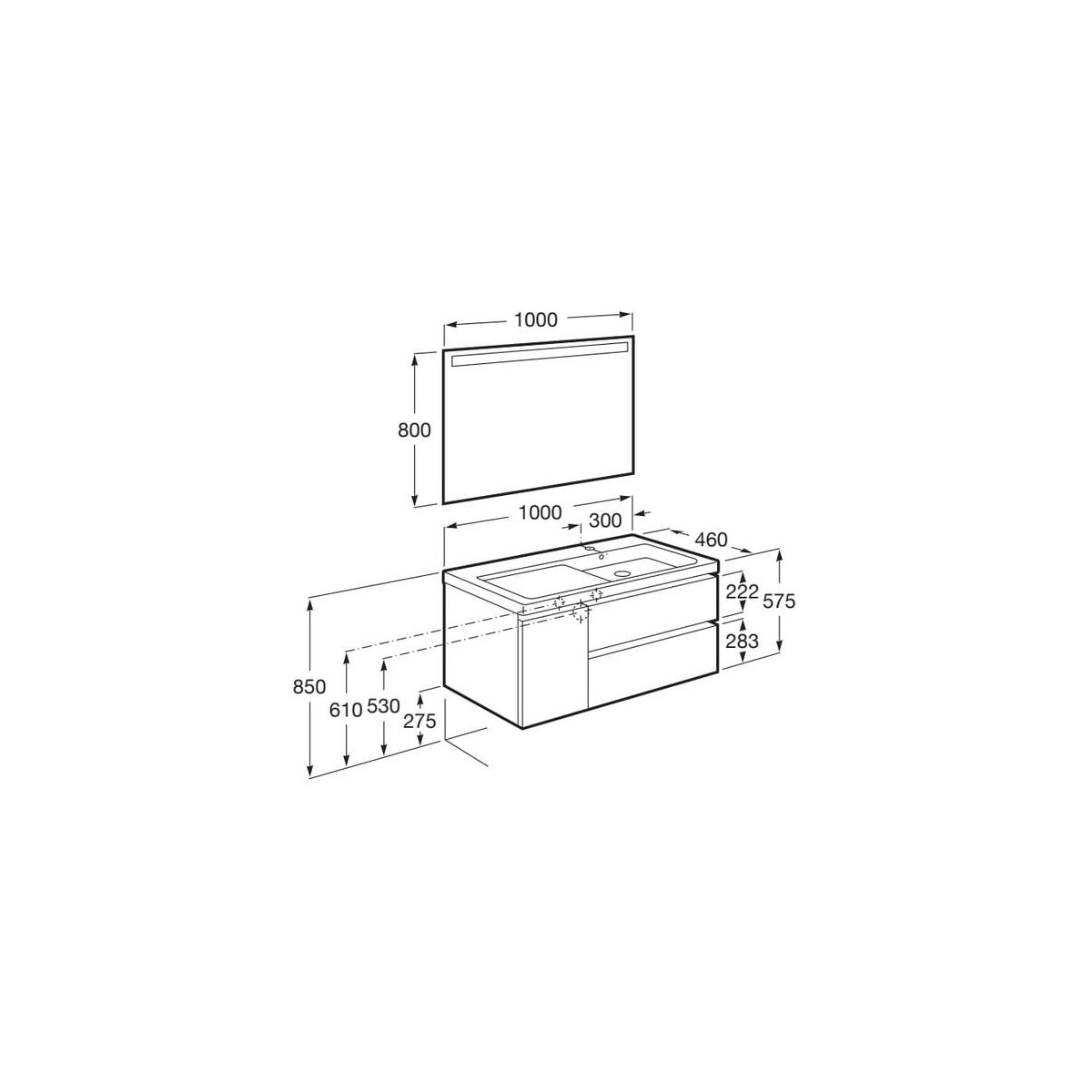 The gap pack 2t + 1p lavabo mural droite 1000mm frêne nordic/poignées nickel mat - ROCA A851980434 