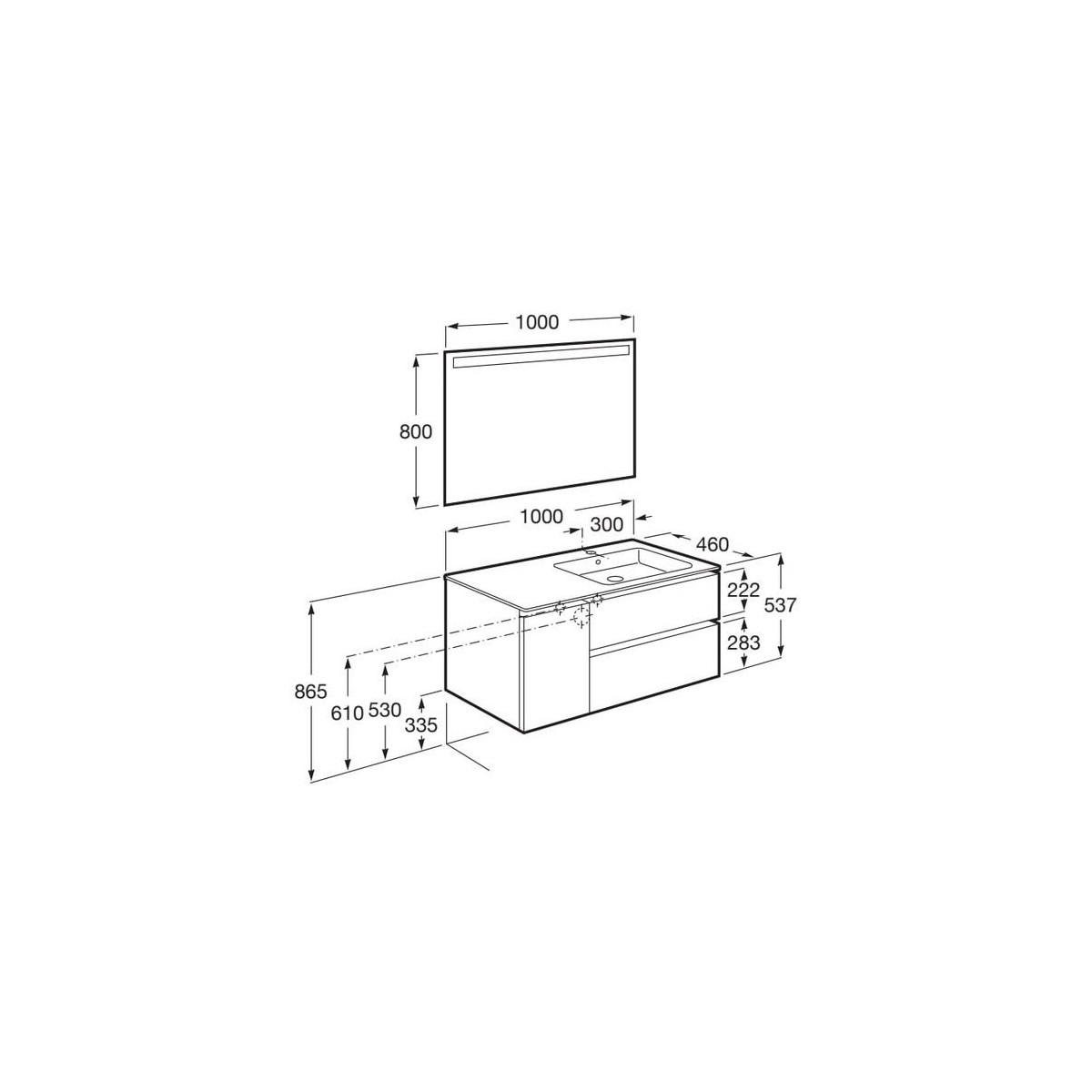 The gap pack 2t + 1p 1000 mm asymétrique droite blanc mat/poignées noires - ROCA A851999509 