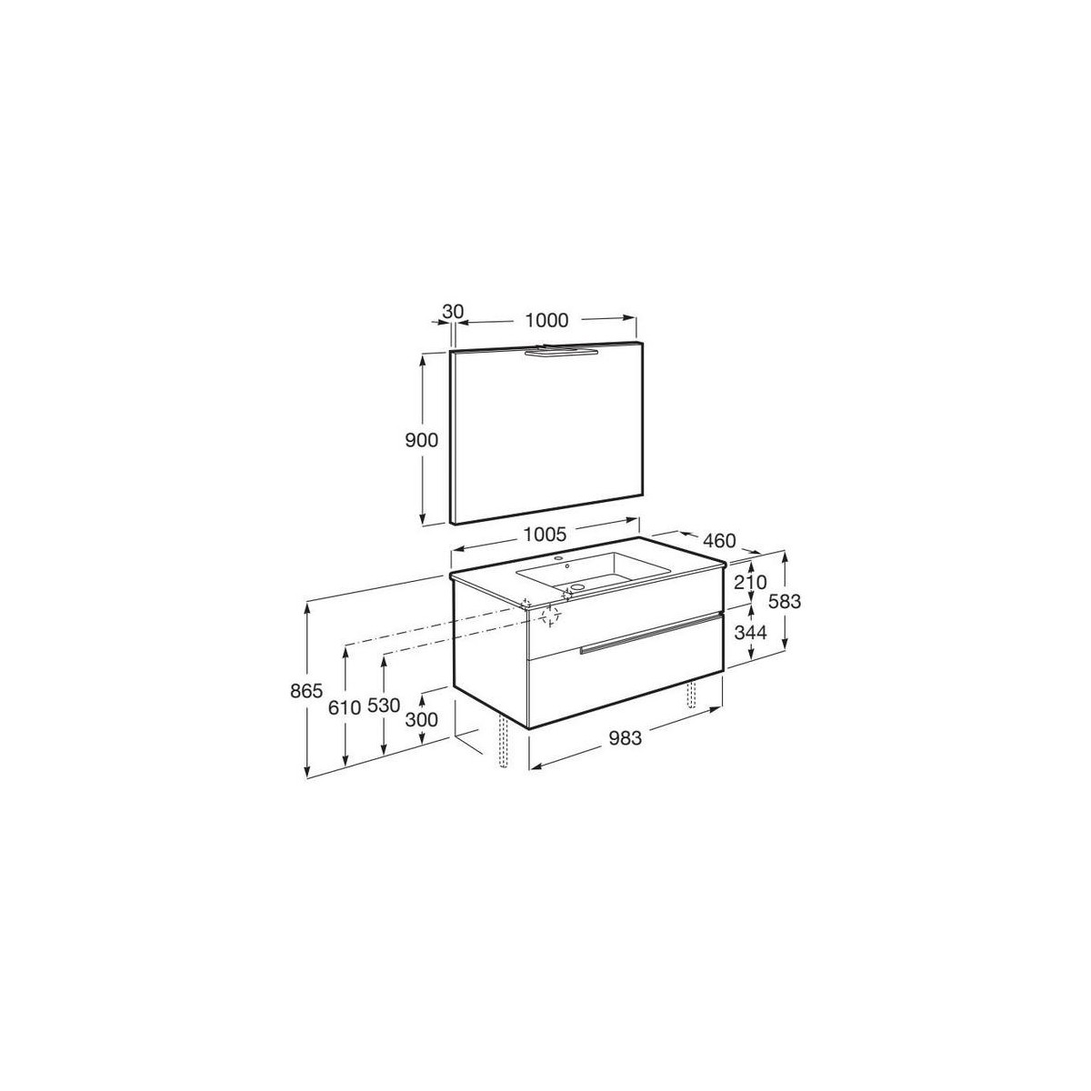 Victoria-n pack (meuble+lavabo+miroir+applique) 2 tiroirs 1000 mm blanc mat - ROCA A852108509 
