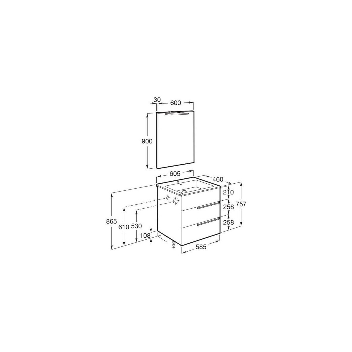 Victoria-n pack (meuble+lavabo+miroir+applique) 3 tiroirs droite 600 mm onyx - ROCA A852110531 