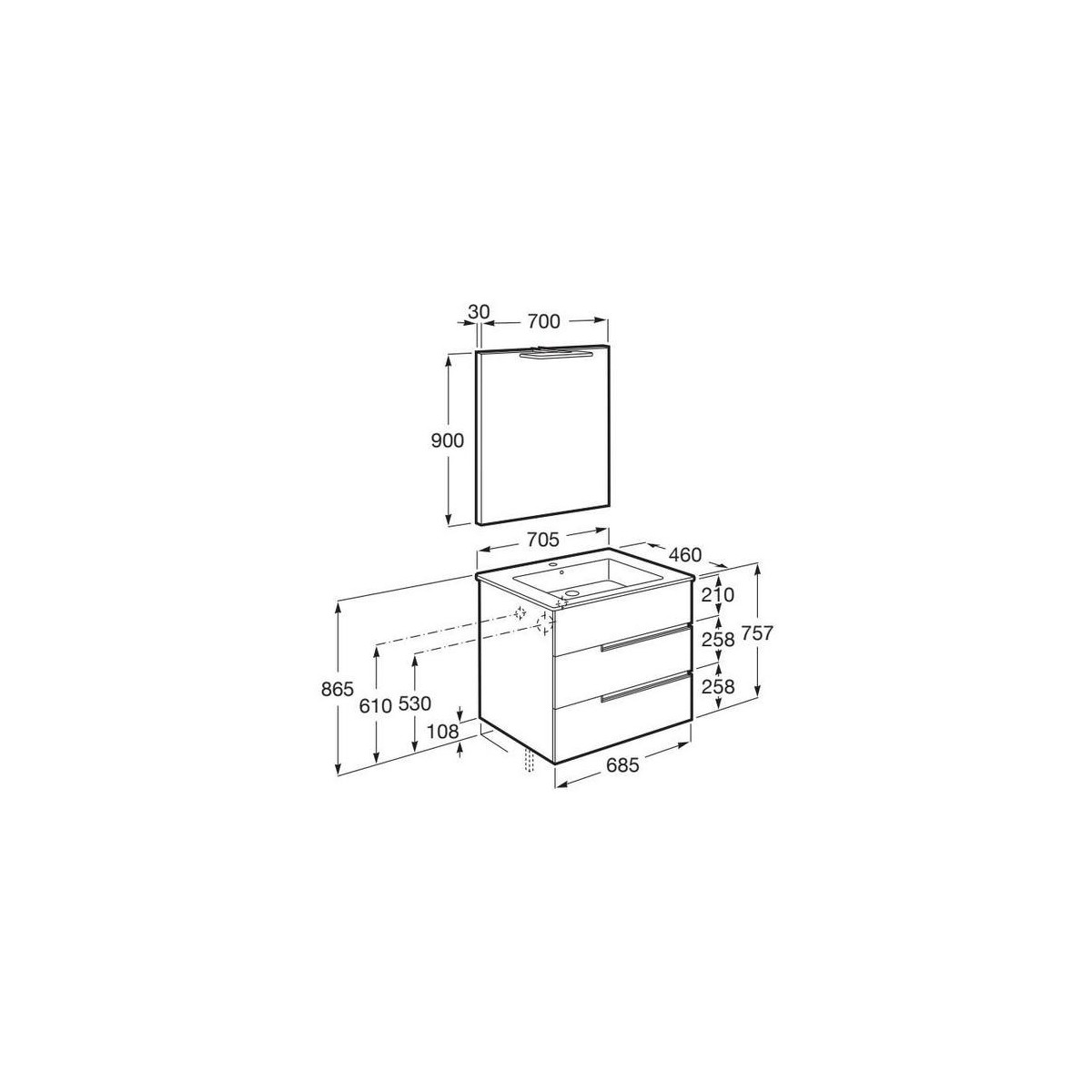 Victoria-n pack (meuble+lavabo+miroir+applique) 3 tiroirs 700 mm noyer - ROCA A852111517 
