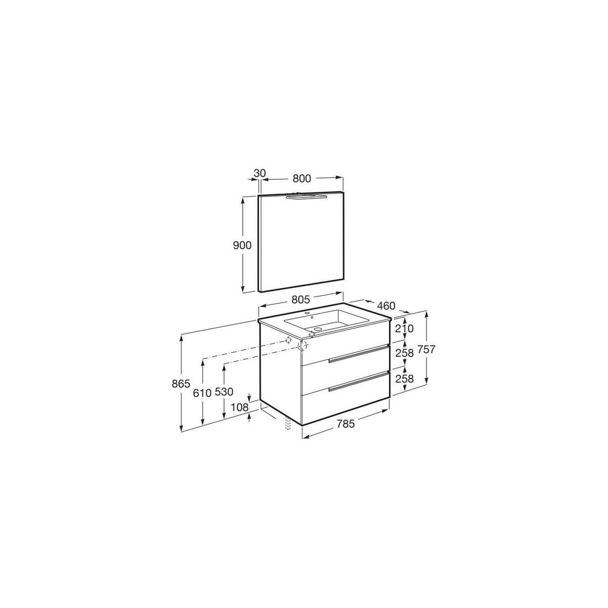 Victoria-n pack (meuble+lavabo+miroir+applique) 3 tiroirs 800 mm onyx - ROCA A852112531 