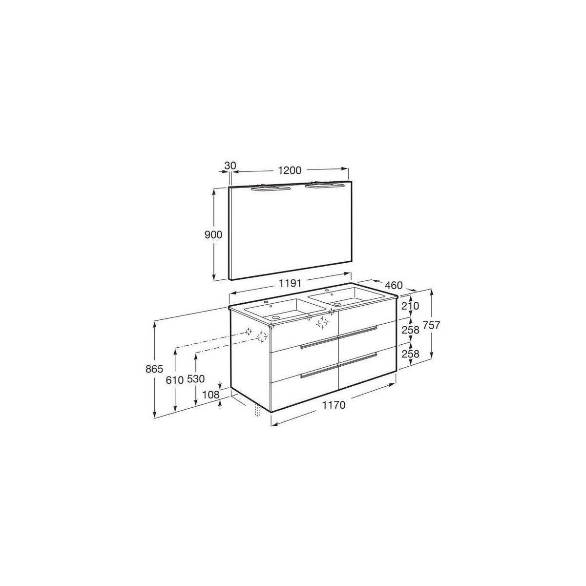 Victoria-n pack (meuble+lavabo+miroir+appliques) 6 tiroirs 1200 mm noyer - ROCA A852114517 