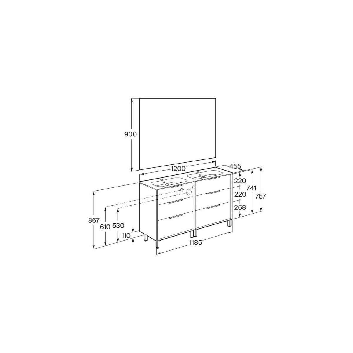 Optica pack 6 tiroirs 1200 mm noyer - ROCA A852466517 
