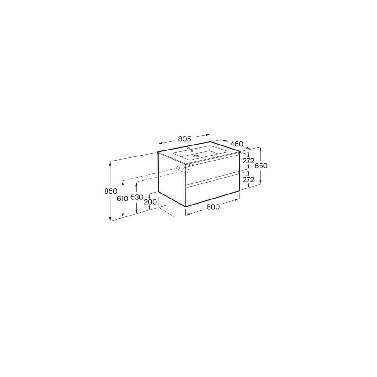 Tenue unik (meuble + lavabo plan procelaine) 2 tiroirs 800mm blanc mat - ROCA A852486529 
