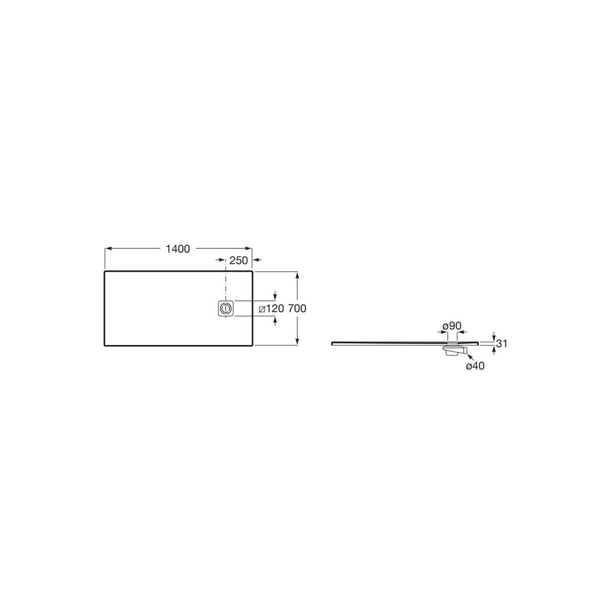 Terran-n receveur stonex 1400x700 avec vidage garde d'eau 30mm onyx - ROCA APA015782BC03640 