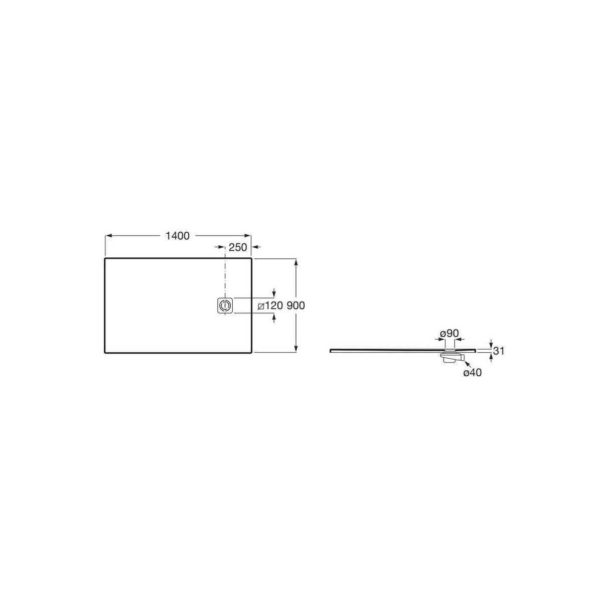 Terran-n receveur stonex 1500x700 avec vidage garde d'eau 30mm onyx - ROCA APA015DC2BC03640 