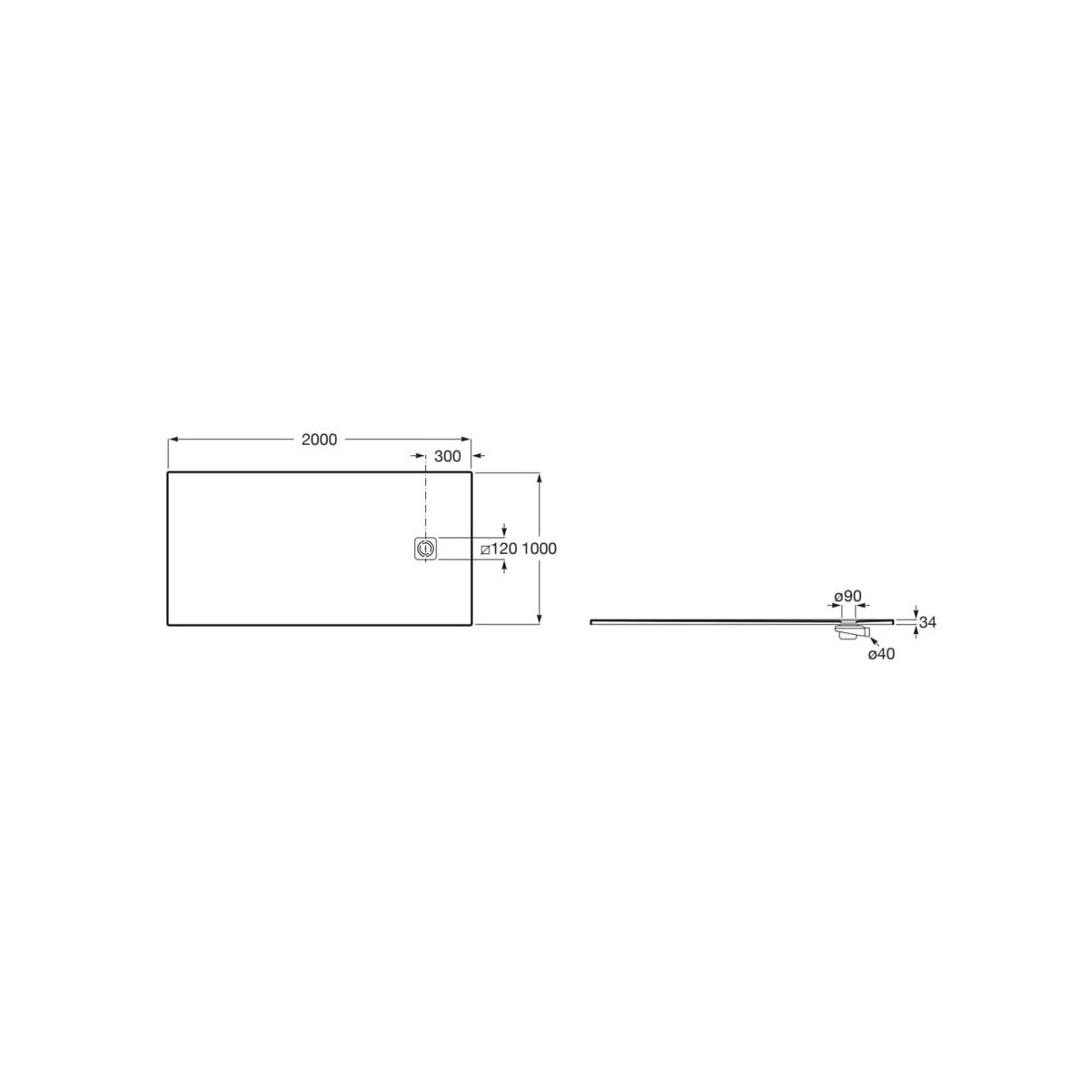Terran-n receveur stonex 2000x1000 avec vidage garde d'eau 30mm noir - ROCA APA017D03E803400 