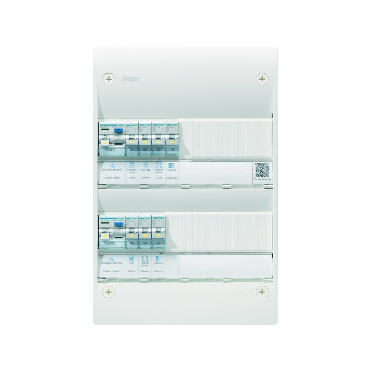 Tableau électrique gamma+ 13, pré-équipé 2 rangées, 13 M, Quickfix - HAGER GDM213A 