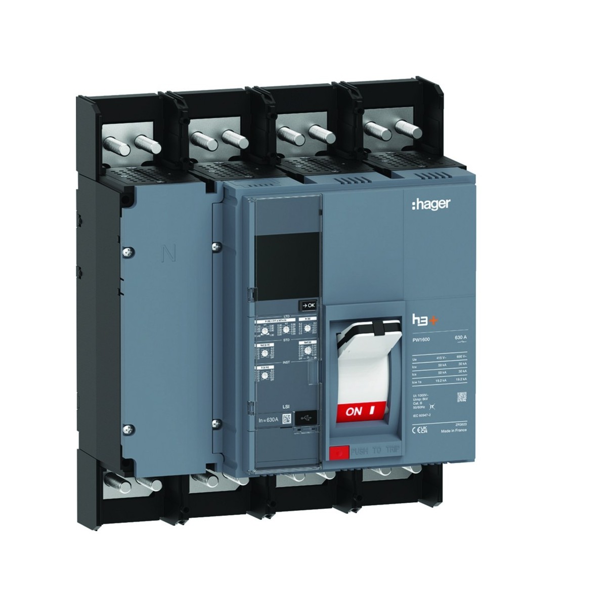Disjoncteur boitier moulé h3+ PW1600 LSI 4 Poles 630A 50kA - HAGER HMQ631JR 