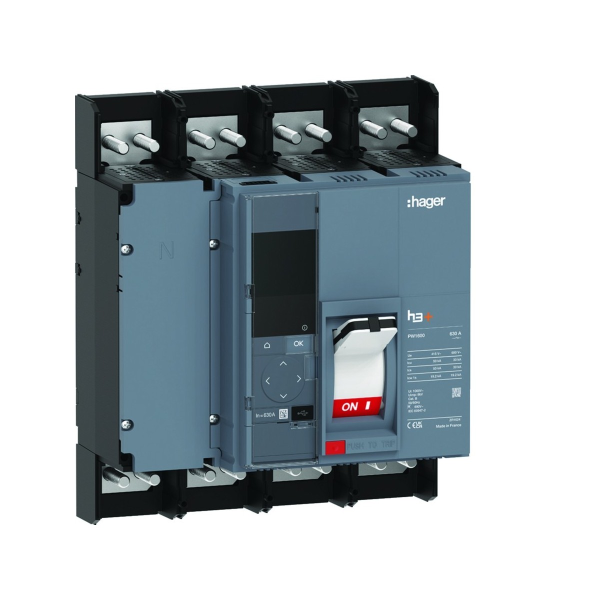 Disjoncteur boitier moulé h3+ PW1600 Energy 4 Poles 630A 50kA - HAGER HMQ631NR 