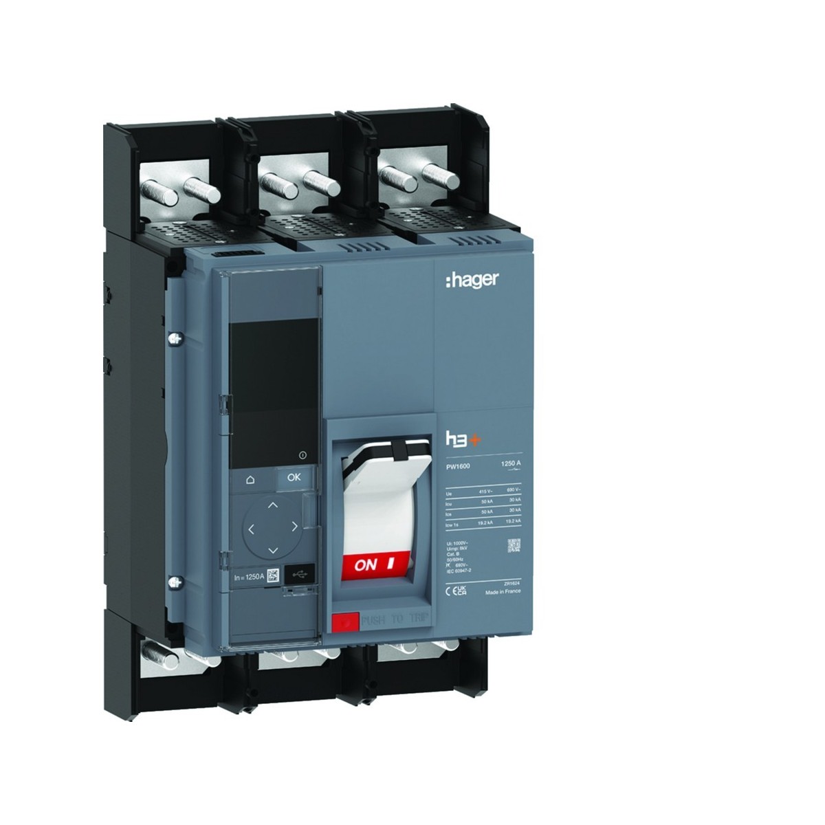 Disjoncteur boitier moulé h3+ PW1600 Energy 3 Poles 1250A 50kA - HAGER HMQ980NR 