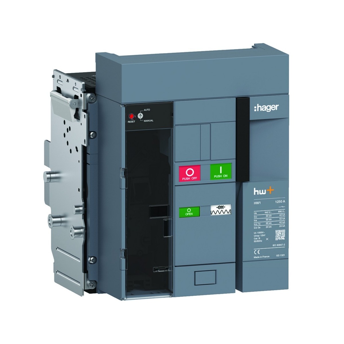 Disjoncteur Ouvert HW1 55kA 1250A 3P Débrochable sans chassis pour TU Sent Ener - HAGER HW1M312ZE 