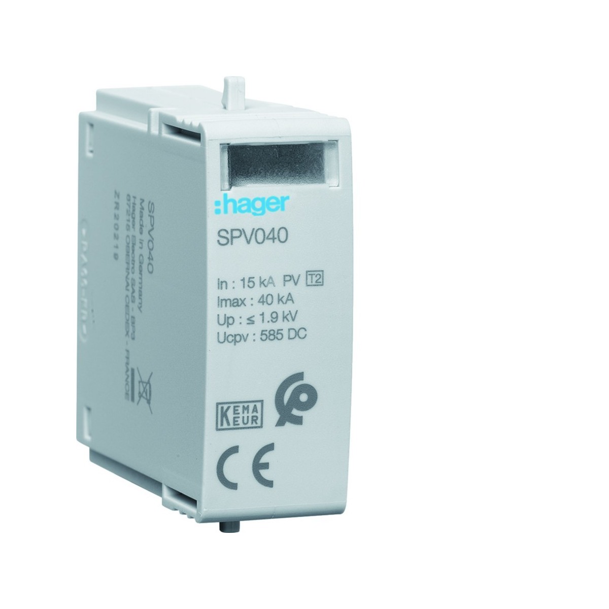 Cartouche T2 1P photovoltaïque +/ - pour SPV340 - HAGER SPV040 