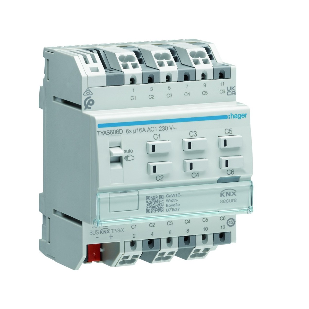 Actionneur KNX Secure 6 sorties 16A/230V charge capacitive config Mode Easy/ETS - HAGER TYAS606D 