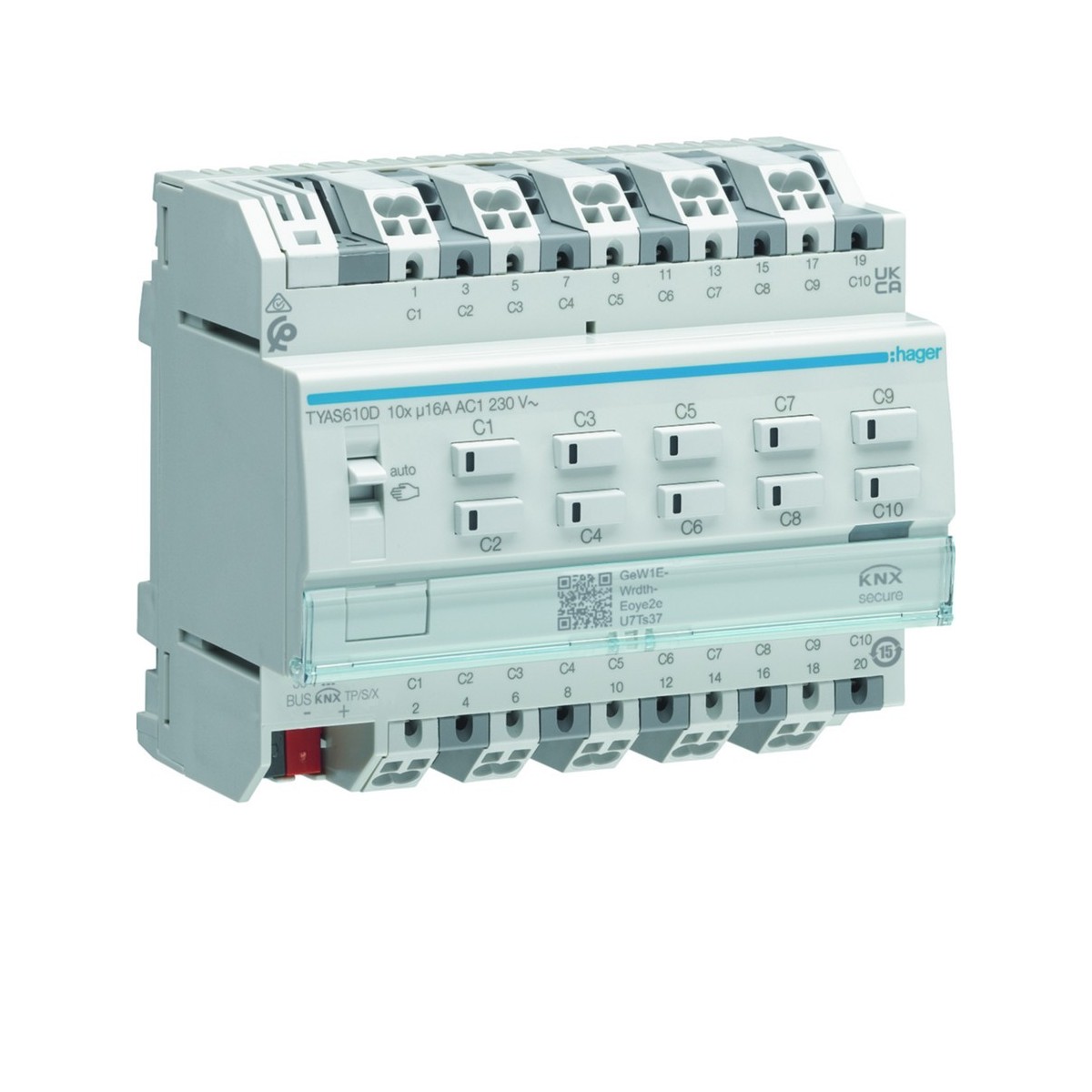 Actionneur KNX Secure 10 sorties 16A/230V charge capacitive config Mode Easy/ETS - HAGER TYAS610D 