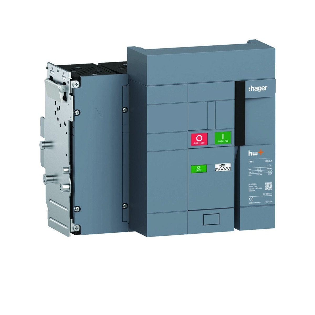 Interrupteur Ouvert HW1 1250A 4P Débrochable sans chassis - HAGER HW1W412ZS 