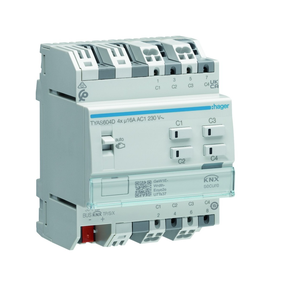 Actionneur KNX Secure 4 sorties 16A/230V charge capacitive config Mode Easy/ETS - HAGER TYAS604D 