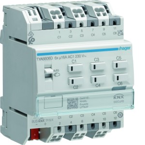 Actionneur KNX Secure 6 sorties 16A/230V charge capacitive config Mode Easy/ETS - HAGER TYAS606D 