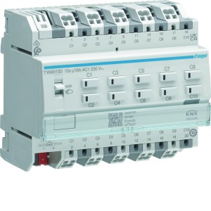 Actionneur KNX Secure 10 sorties 16A/230V charge capacitive config Mode Easy/ETS - HAGER TYAS610D 