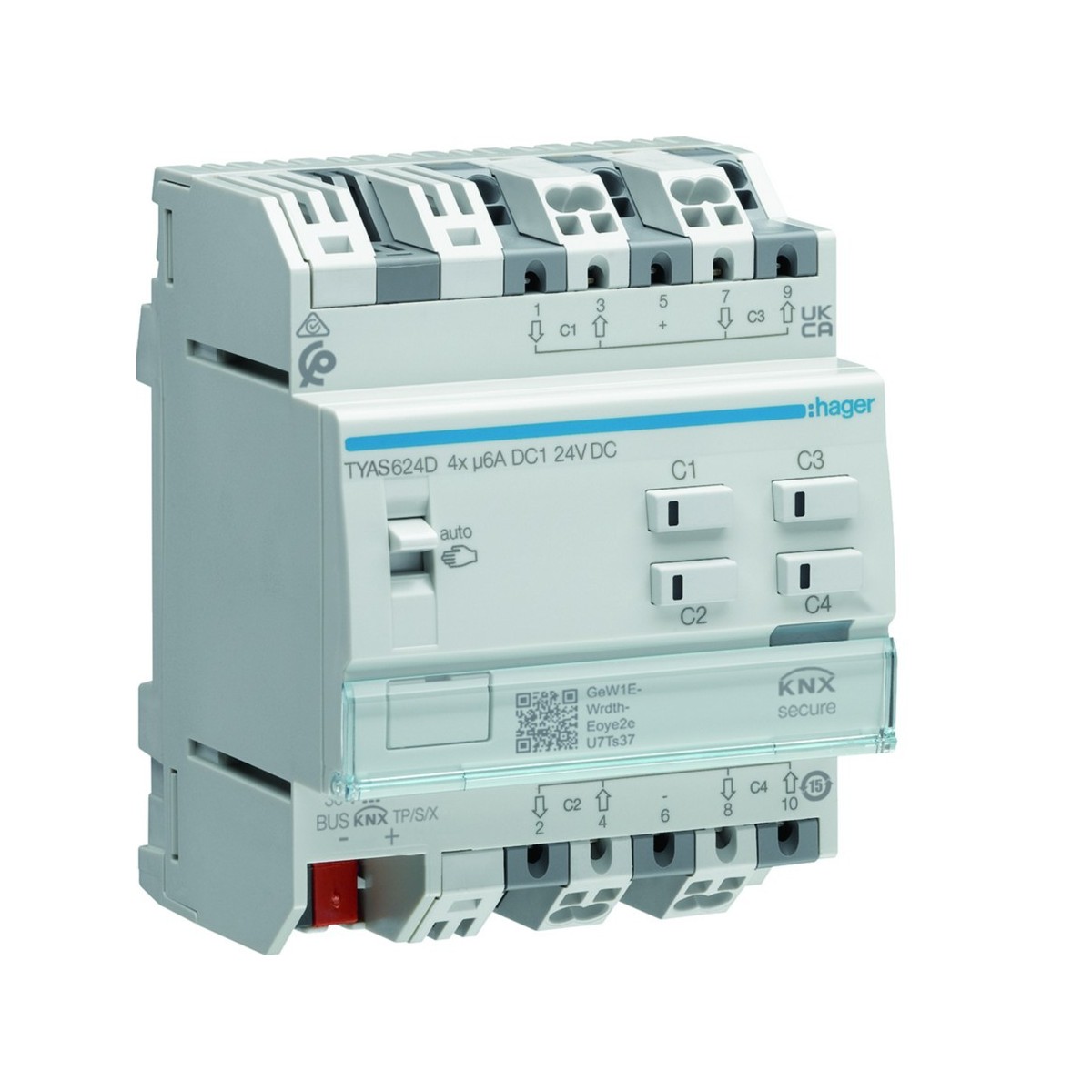 Actionneur KNX Secure 4 sorties volets et stores à bannes pour moteur 6A/24VDC - HAGER TYAS624D 