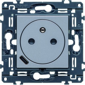 Prise de courant affleurante 2P+T avec USB-C Titane - HAGER WXF114T 