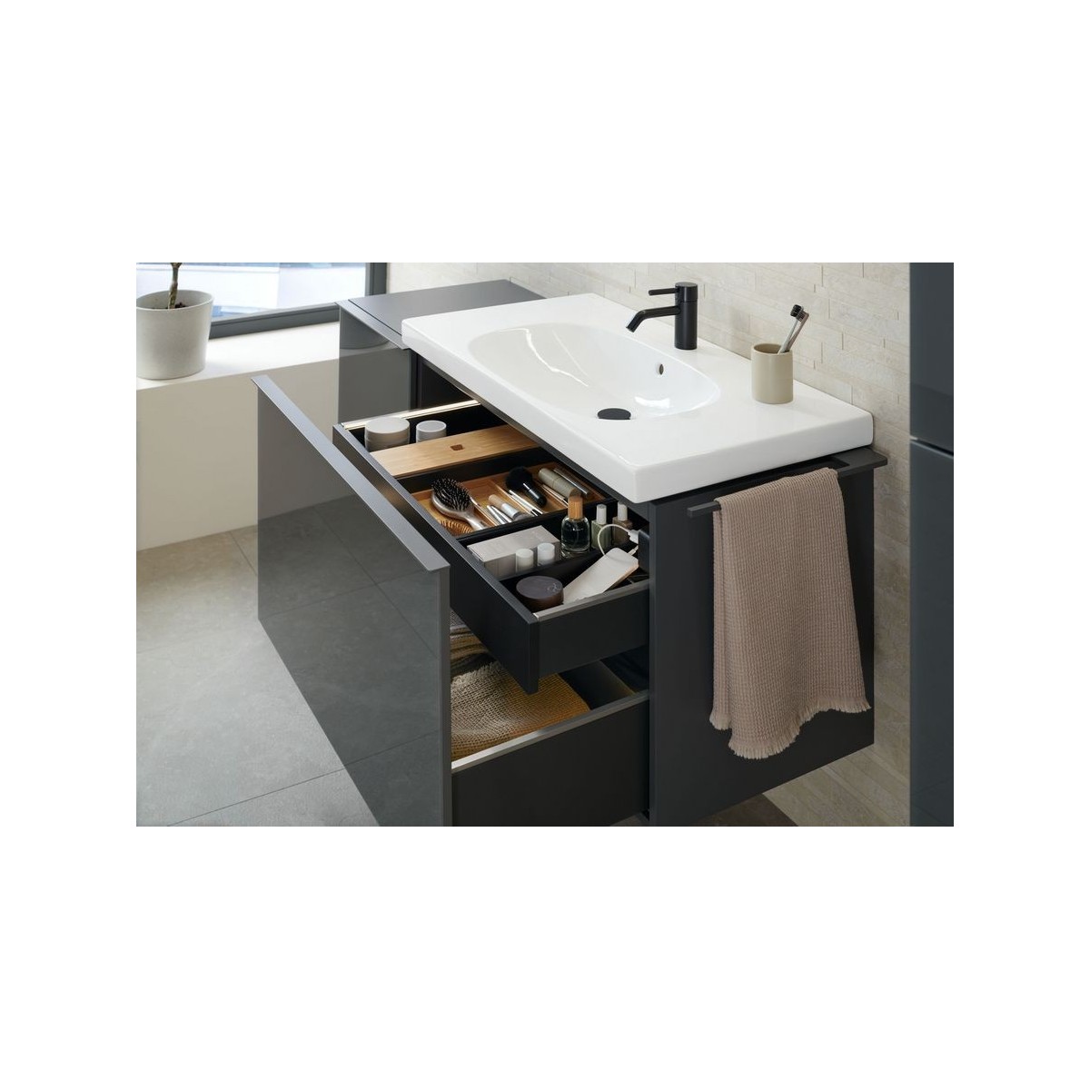 Meuble bas Geberit Acanto 1 tiroir 1 tir anglaise lavabo 90cm verre gris - GEBERIT 503.005.JK.2 