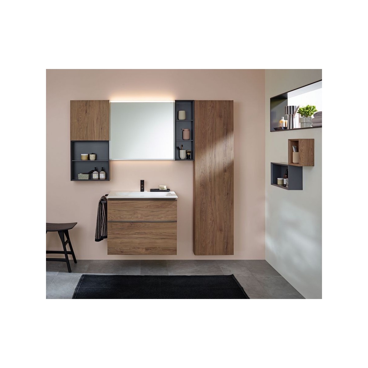 Pack lavabo slim 90 cm avec meuble Geberit iCon 2 tiroirs et siphon Noyer Carya - GEBERIT 502.337.JR.1 