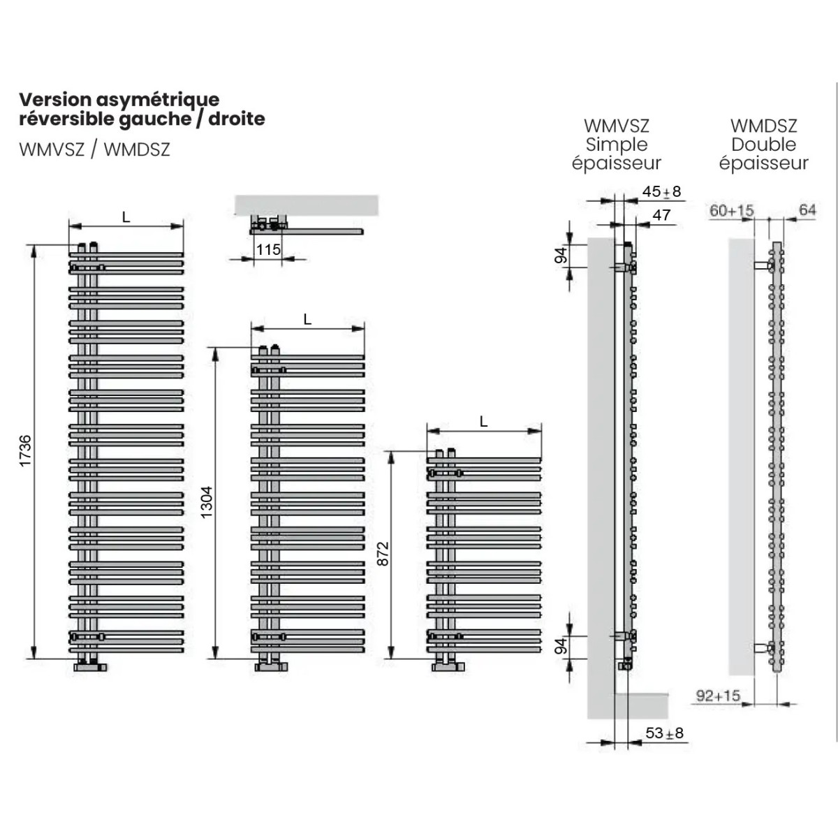 Dimensions Acova Manava Asymetrique Reversible chauffage central