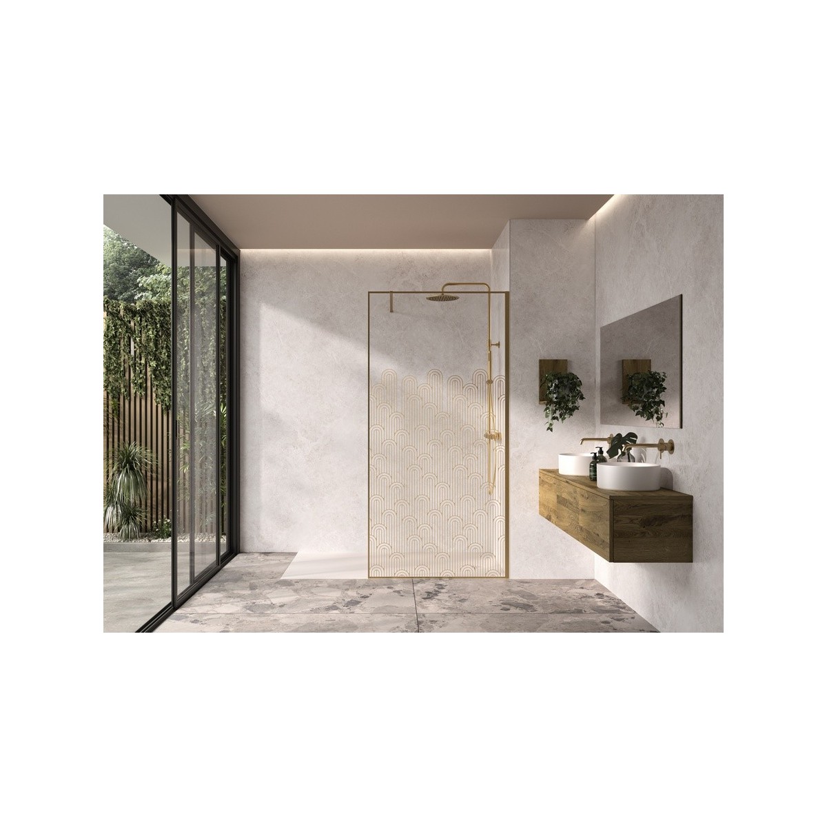 Paroi Solo Graphik 6mm 90 cm or brossé décor curvia profilé à droite - KINEDO PA791DCRVED 