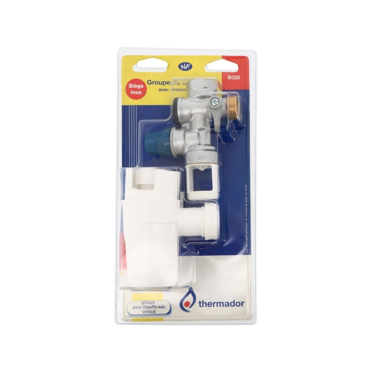 Groupe de sécurité vertical siège inox 3/4" avec siphon sous blister Pmax 10 kW - THERMADOR BGSI 
