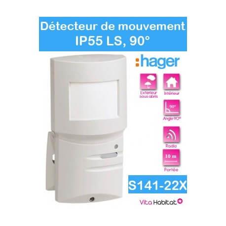 Détecteur de mouvement 90°, 10m - IP55 LS - S141-22X - radio Logisty Hager - pile lithium fournie