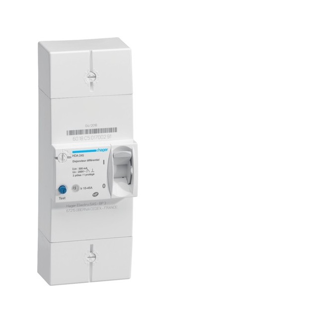 DD abo. 2P 15/45A 500mA inst. - DISJ. DIFF.PH-N  HAGER HDA245