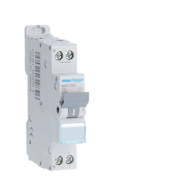 Disjoncteur 1P+N 3kA C2A 1M - DISJONCTEURS PH+N  HAGER MFN702
