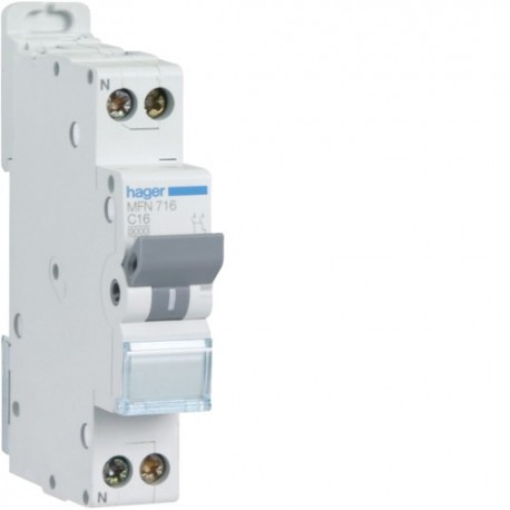 Disjoncteur 1P+N 3kA C16A 1M - DISJONCTEURS PH+N  HAGER MFN716