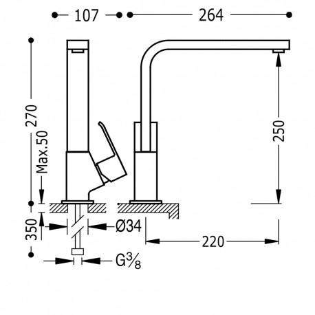 Mitigeur évier Bec tube 35x15 mm. - TRES 106440
