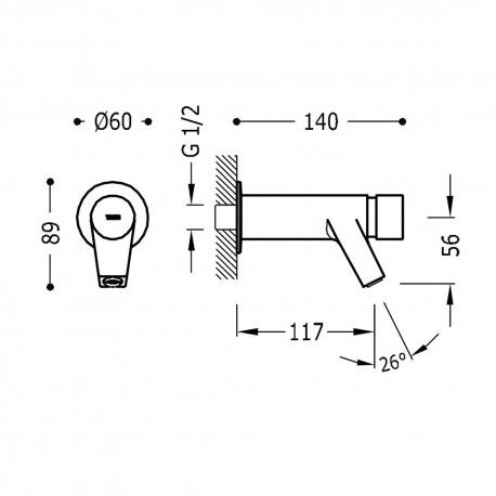 Lavabo mural entrée 1/2” G. Mâle. Fermeture automatique à 6 secondes. Débit 6,5 l/min. - TRES 01210003