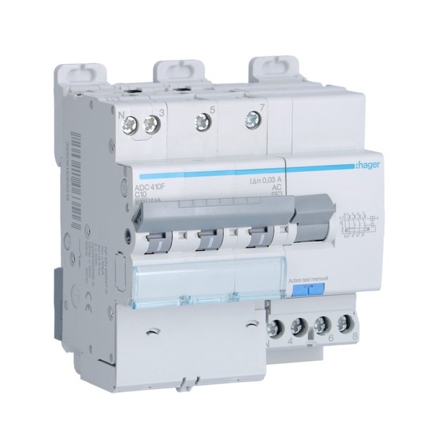 Disj.dif 3P+N 6-10kA C-10A 30m - DISJ. DIFF.3PH-N  HAGER ADC410F