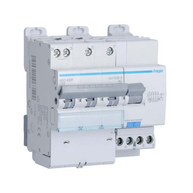 Disj.dif 3P+N 6-10kA C-32A 30m - DISJ. DIFF.3PH-N  HAGER ADC432F