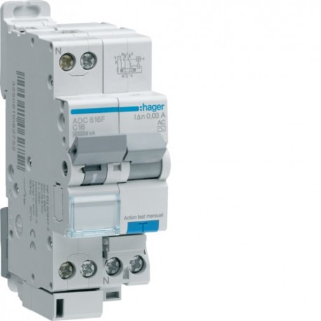 Disj.dif 1P+N 4.5-6kA C-16A 30 - DISJ. DIFF.PH-N  HAGER ADC816F