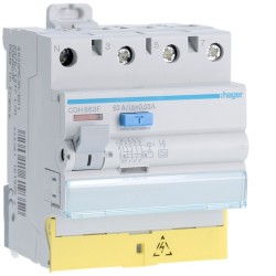Inter dif 3P+N 63A 30mA HI BD - INTER. DIFF. TETRA. HAGER CDH863F