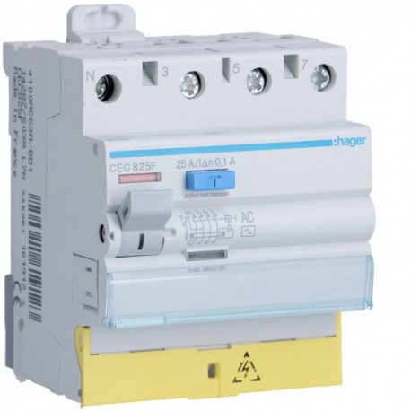Inter dif 3P+N 25A 100mA AC BD - INTER. DIFF. TETRA. HAGER CEC825F