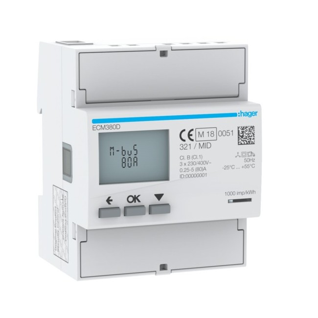 COMPTEUR TRI 80A MBUS MID - GESTION DU BATIMENT  HAGER ECM380D